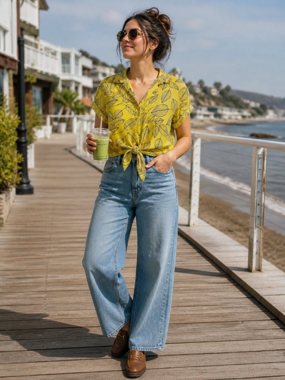 Milk & Honey Blouse Size L Yellow Botanical Cropped Button Front Resort Artsy